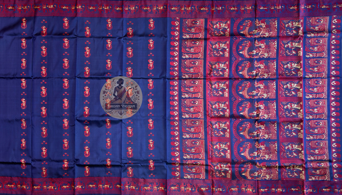Macro close-up of individual hand-woven identity motif on Baluchari Silk Saree by Dakshin Vastram, each figure placed deliberately on the handloom by a master weaver in Bishnupur Bengal