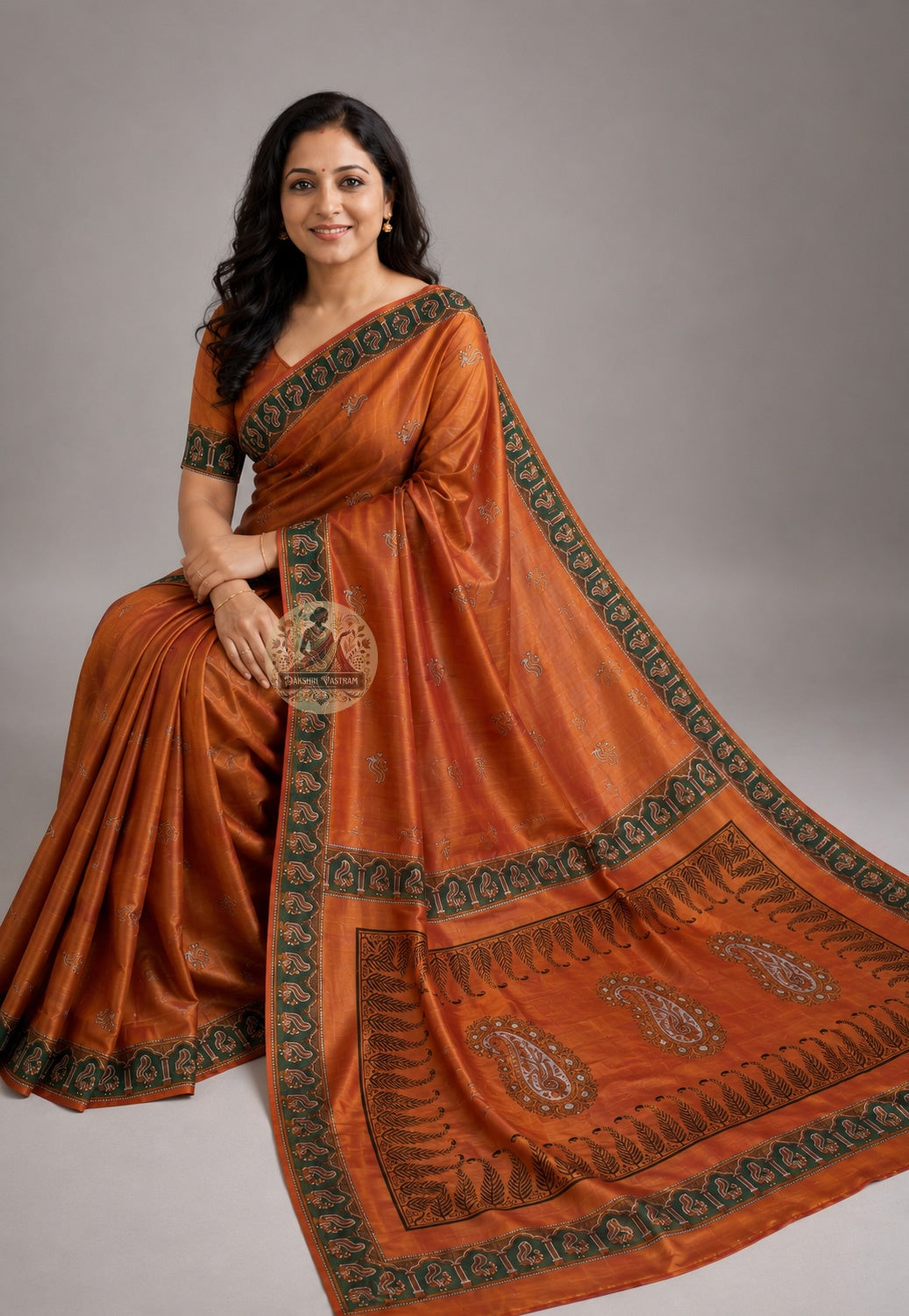 Rear view of handwoven Bishnupur Katan Silk Saree revealing the full pallu with temple-inspired heritage motifs woven in pure silk by artisan weavers from the temple town of Bishnupur Bengal