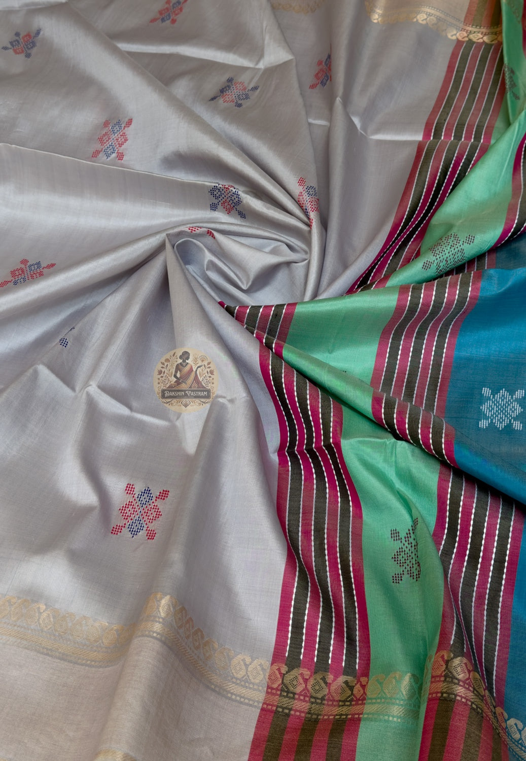 Full flat-lay of Bishnupur Pure Katan Silk Saree with matching blouse piece handloom corporate gift Bengal