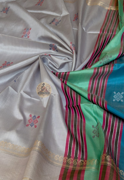 Full flat-lay of Bishnupur Pure Katan Silk Saree with matching blouse piece handloom corporate gift Bengal