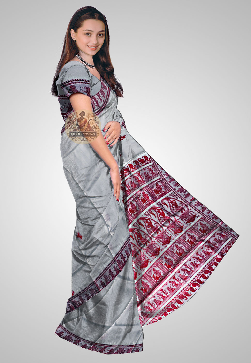Side view of Handloom Baluchari Saree highlighting elegant draping and craftsmanship