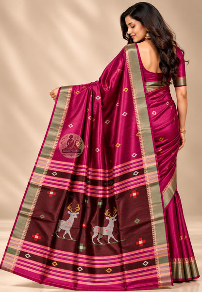 Side view of Bishnupur Katan pure silk wedding centrepiece saree displaying composed structured drape and natural silk depth for full wedding day and Durga Puja wear