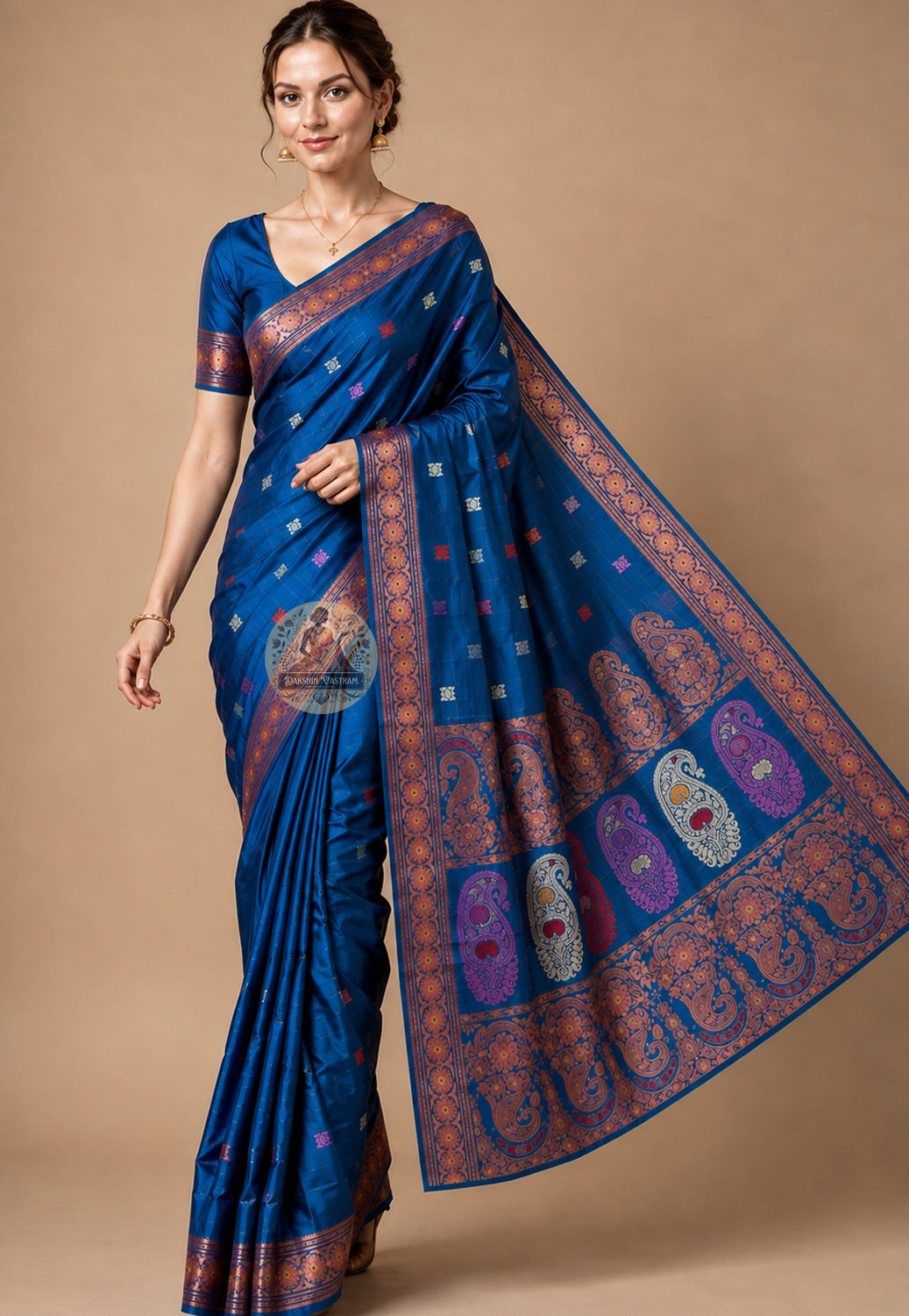 Front view of woman in premium Swarnachari pure silk saree, traditional Bengali drape with patiently rendered golden zari pallu of Bengal temple and court traditions over left shoulder