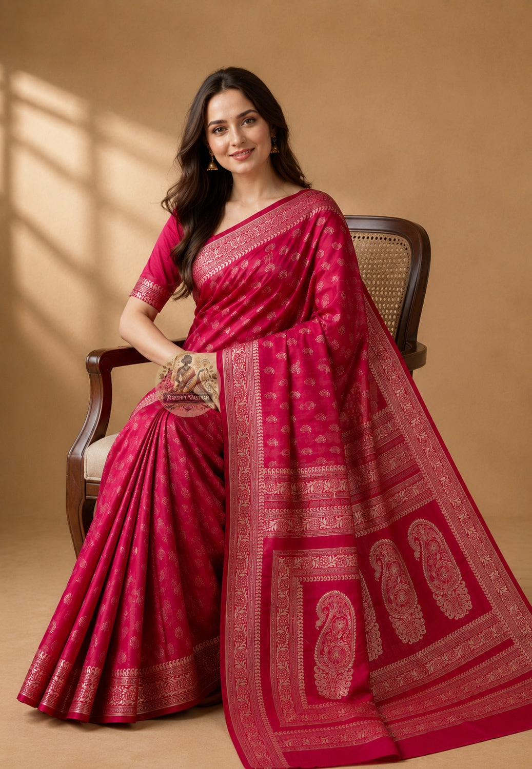 Front view of woman draped in Bishnupur Katan Silk Saree with chanderi blouse, festive evening wear