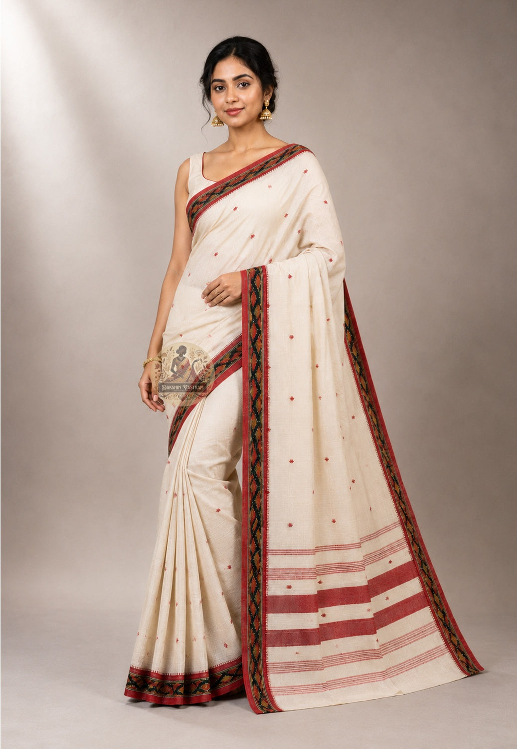 Side view of handwoven West Bengal cotton saree showing pallu fall and border detail