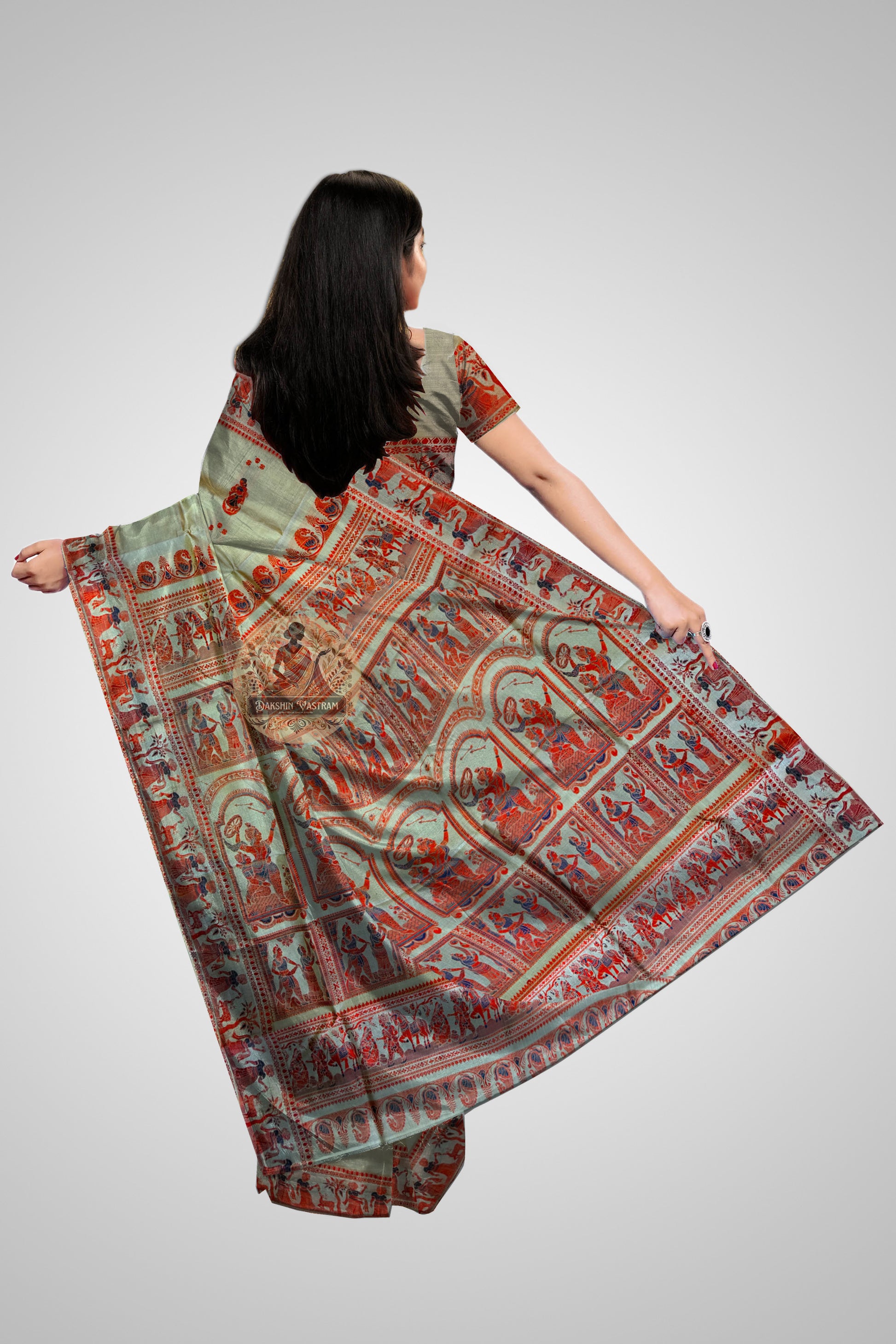 Buy Handwoven Baluchari Saree – Rear angle with epic motif pallu design