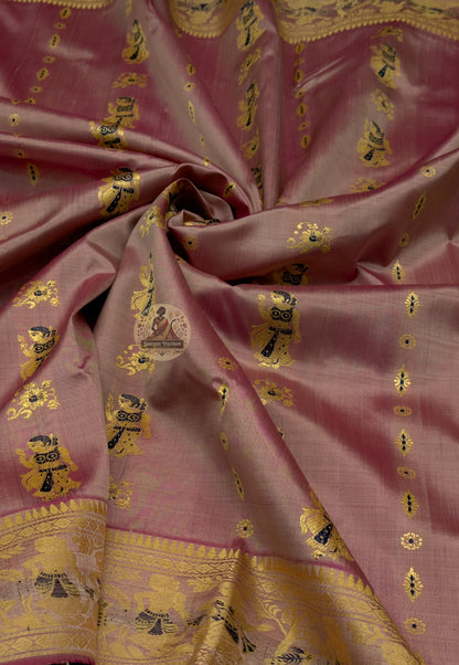 Rear view of handloom Baluchari silk saree displaying narrative pallu with Ramayana and Mahabharata figure compositions woven in extra-weft technique, Bishnupur West Bengal handloom