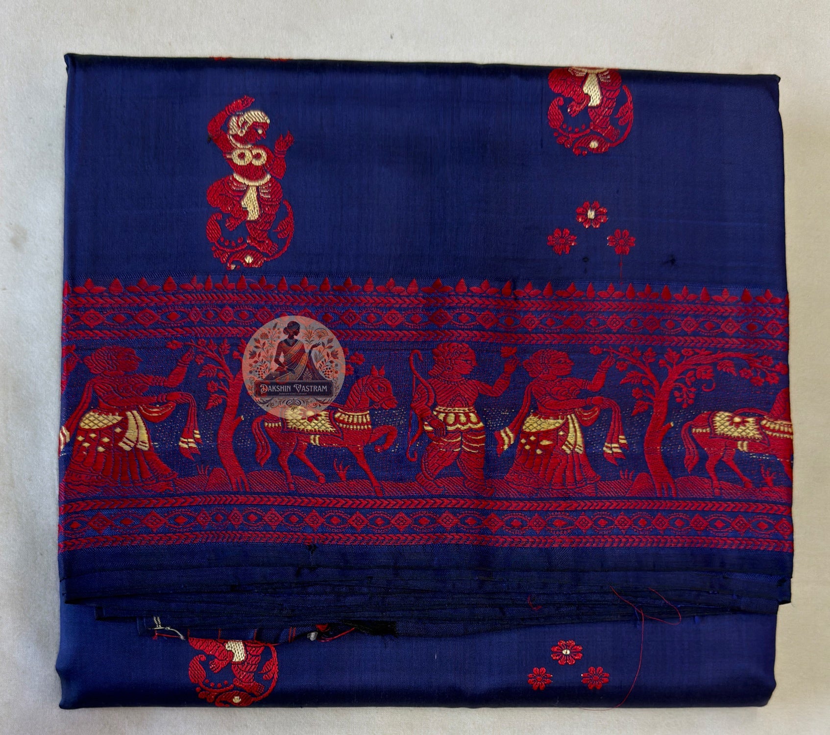Full view of Baluchari Silk Saree by Dakshin Vastram — not just what you wear but who you are, handwoven in pure Bengal silk for weddings, Durga Puja and cultural celebrations across UK, USA, EU and India