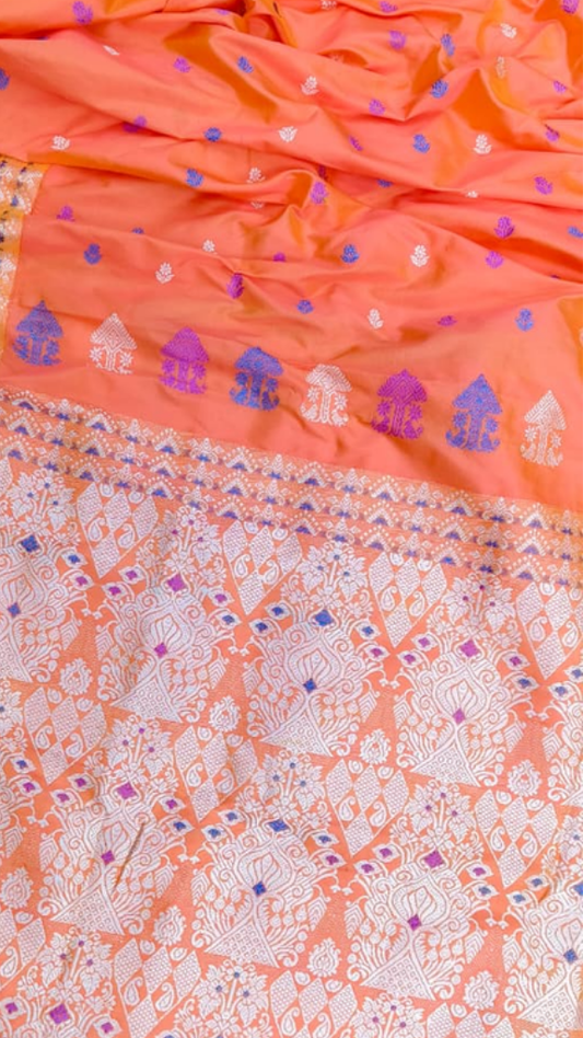 Pure handwoven Assam Mulberry Silk saree in soft gold with subtle woven border, full drape front view