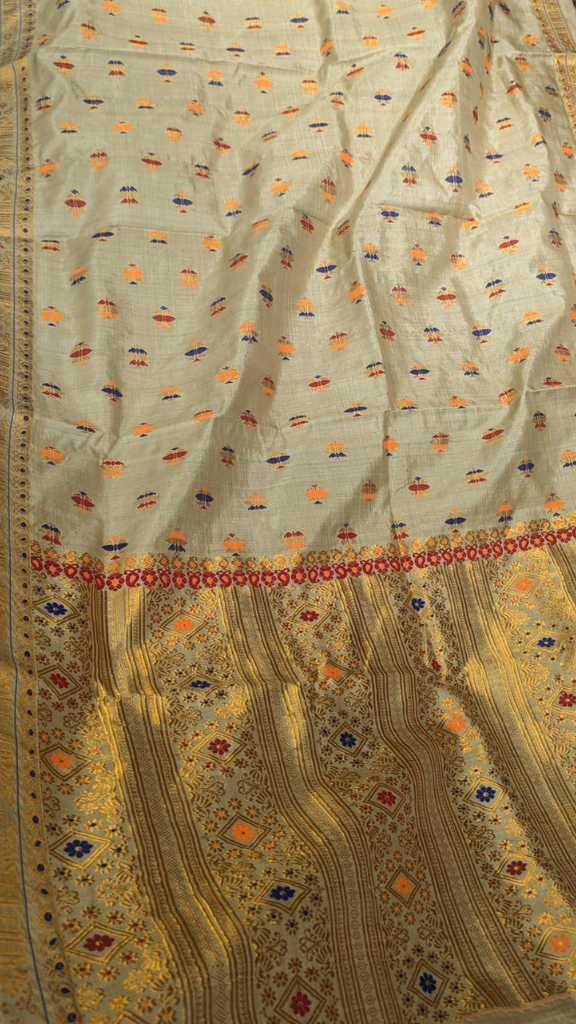Sustainable Muga Silk Saree in natural undyed golden amber – eco-conscious Assam handloom by Dakshin Vastram UK