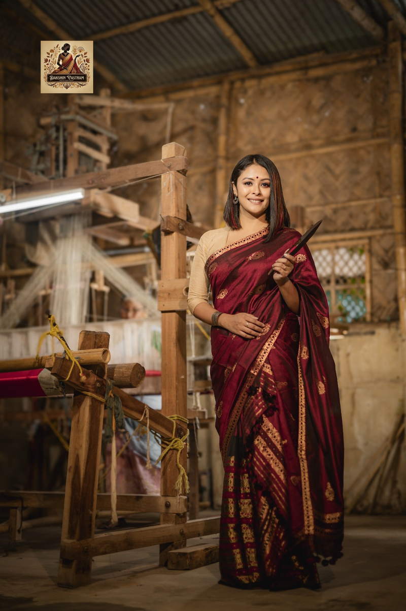 Assamese bridal Mekhela Chador in handwoven silk with traditional motifs – wedding two-piece by Dakshin Vastram UK