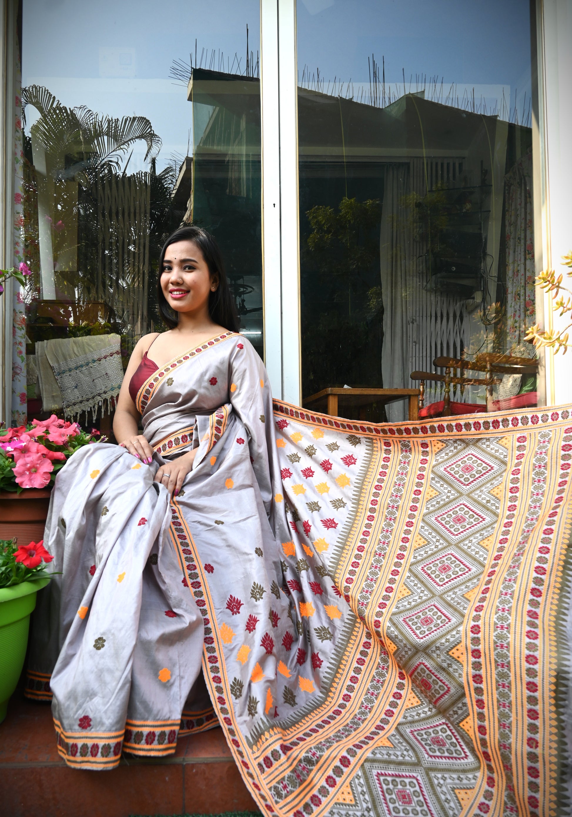 Shop Handloom Assam Saree online – Side profile in natural silk sheen