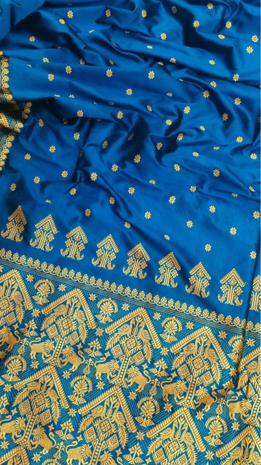 Handwoven pure Mulberry Silk saree from Assam in warm ivory, full drape with traditional woven border, front view