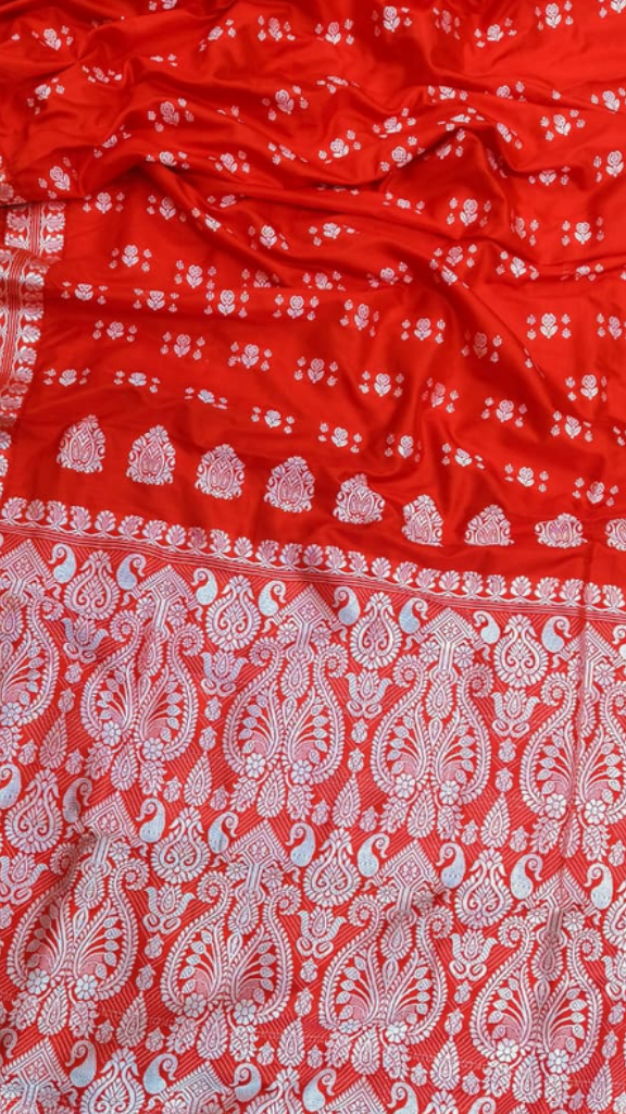 Handwoven Assam Muga Silk Saree in natural golden hue, full drape, by Dakshin Vastram – UK