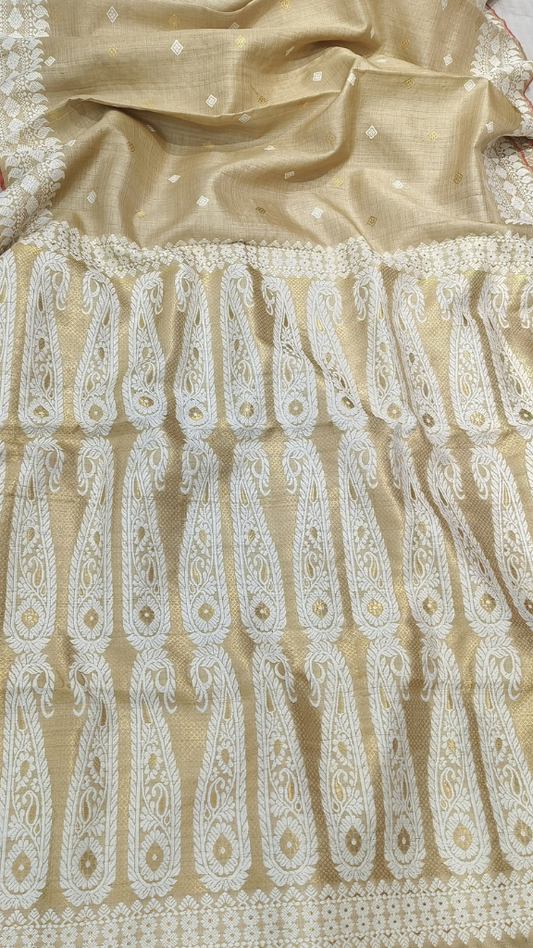 Front view of Assam handloom Muga silk saree with a golden-beige ground and small ivory diamond motifs.
