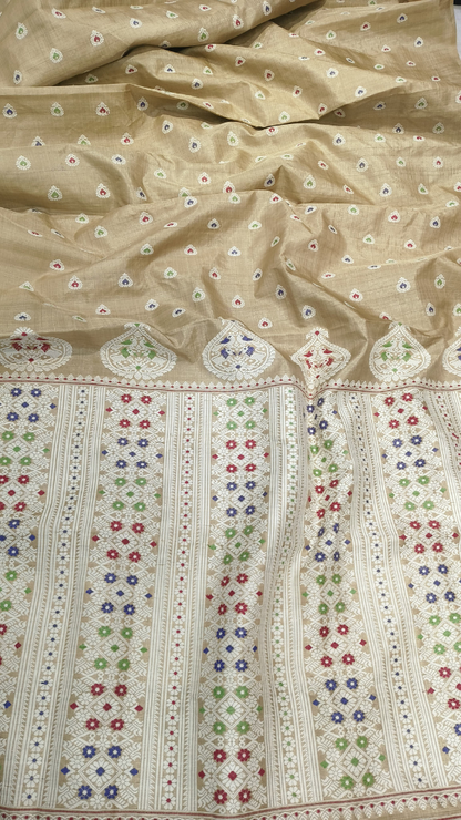 Muga silk saree in antique champagne-gold full drape, handwoven in Assam — a heirloom gift that deepens in beauty with every year, Dakshin Vastram