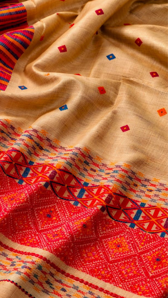 Muga Silk Saree for Diwali and festivals in natural golden amber – Assam handloom by Dakshin Vastram UK