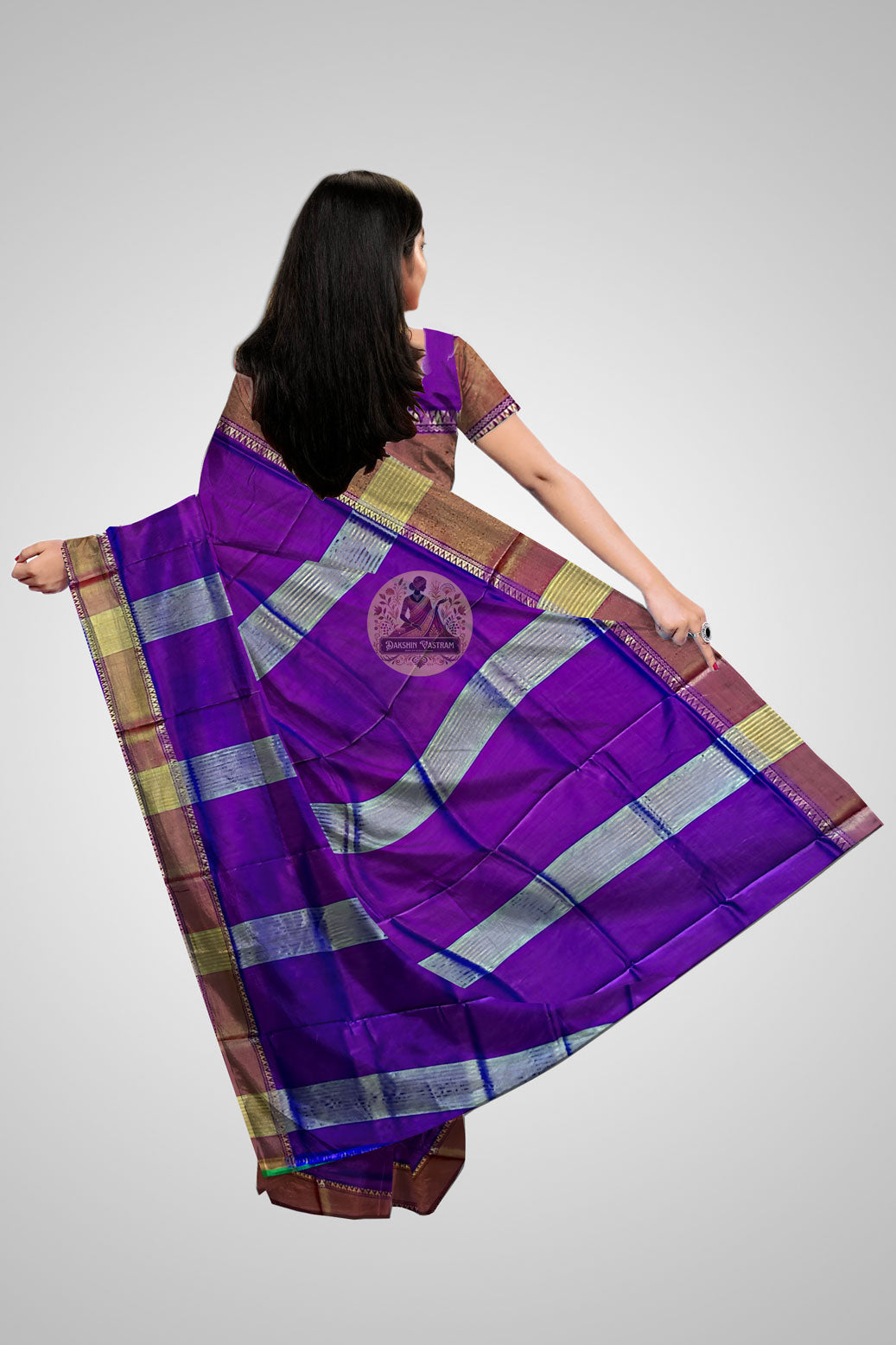 Buy Handloom Katan Saree – Rear view with intricate pallu detail