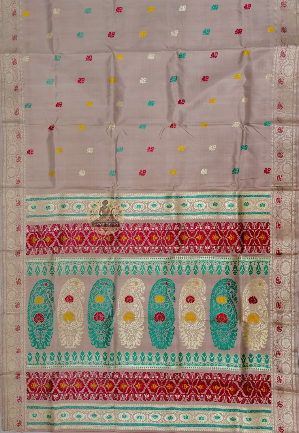 Full saree view of beige Baluchari silk saree with multicoloured motifs and a decorative pallu