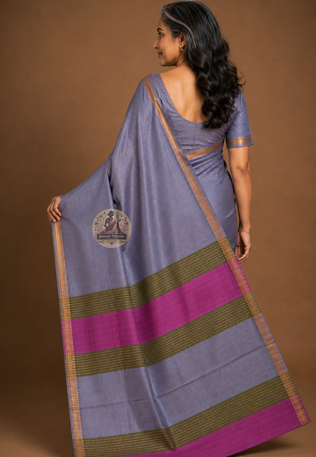 Side view of Bishnupur Pure Katan Silk Saree showing structured pleat drape and interlocking arch handloom border
