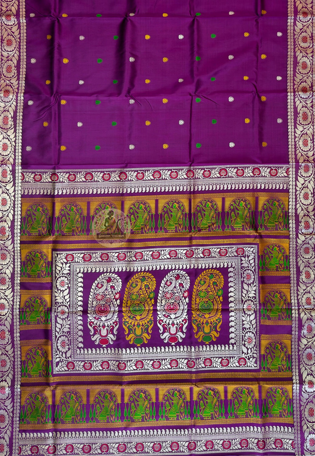 Close-up of running blouse fabric from Baluchari Pure Silk Saree set, featuring coordinating handwoven pure silk with complementary traditional Baluchari motif border detail