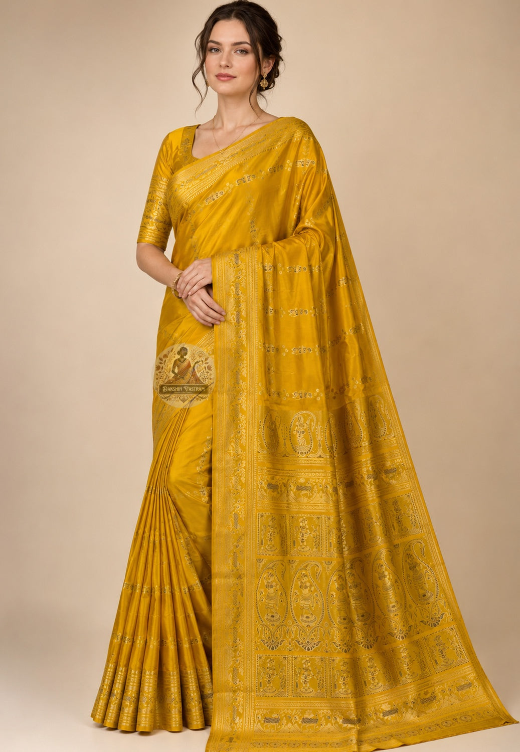 Side view of handwoven Swarnachari silk saree from West Bengal showing golden zari pallu fall and border