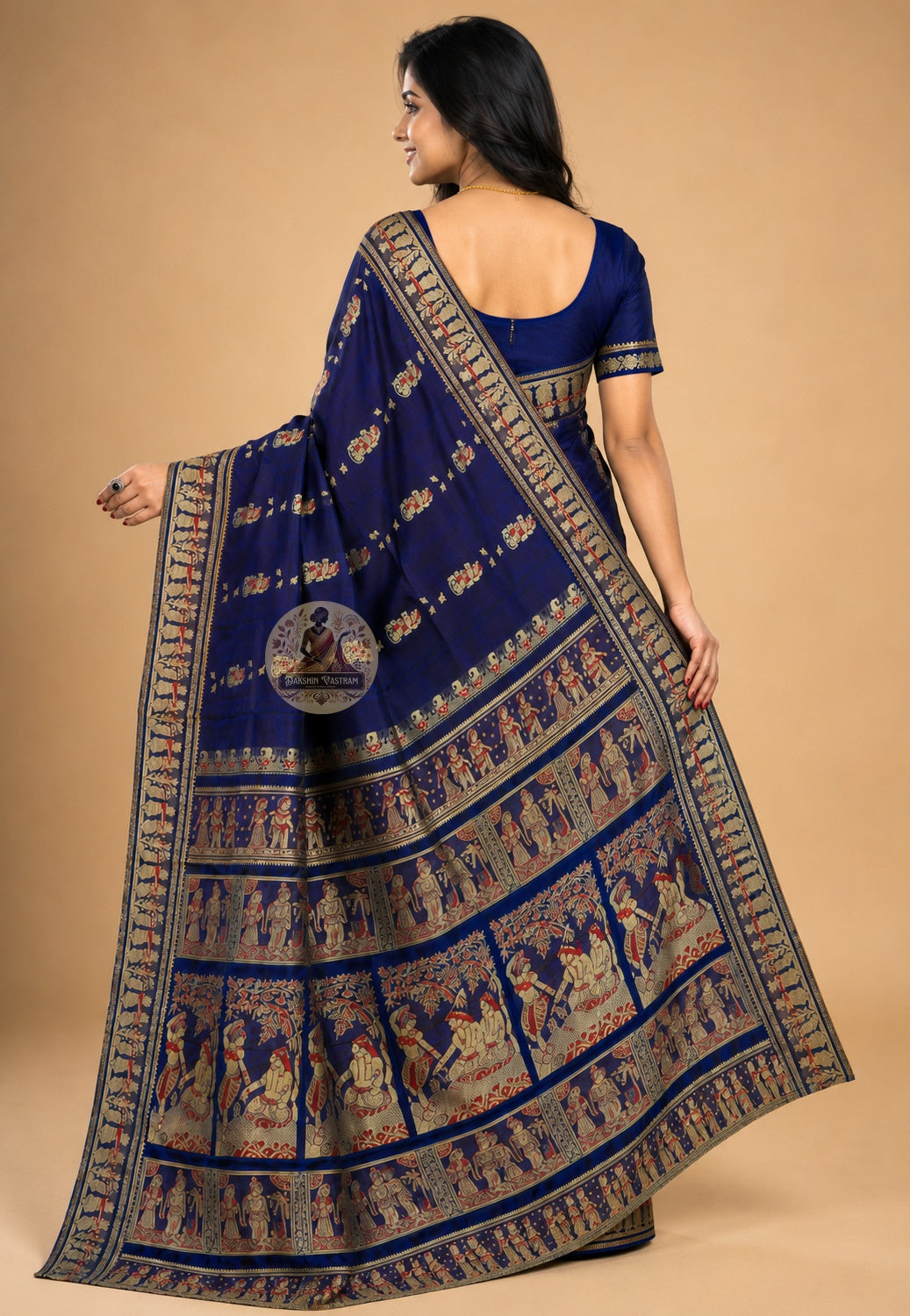 Rear view of Baluchari Pure Silk Saree displaying the richly handwoven narrative pallu with mythology scenes from India's greatest epics and Nawabi courts of Bengal woven directly into pure silk by a revived Baluchari tradition