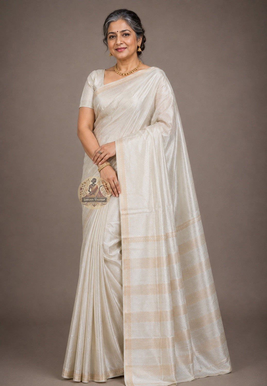 Front view of handwoven Bishnupur Pure Katan Silk Saree from Bengal, an heirloom in pure silk with heritage motifs on the pallu and the warm deep lustre of Katan silk drape