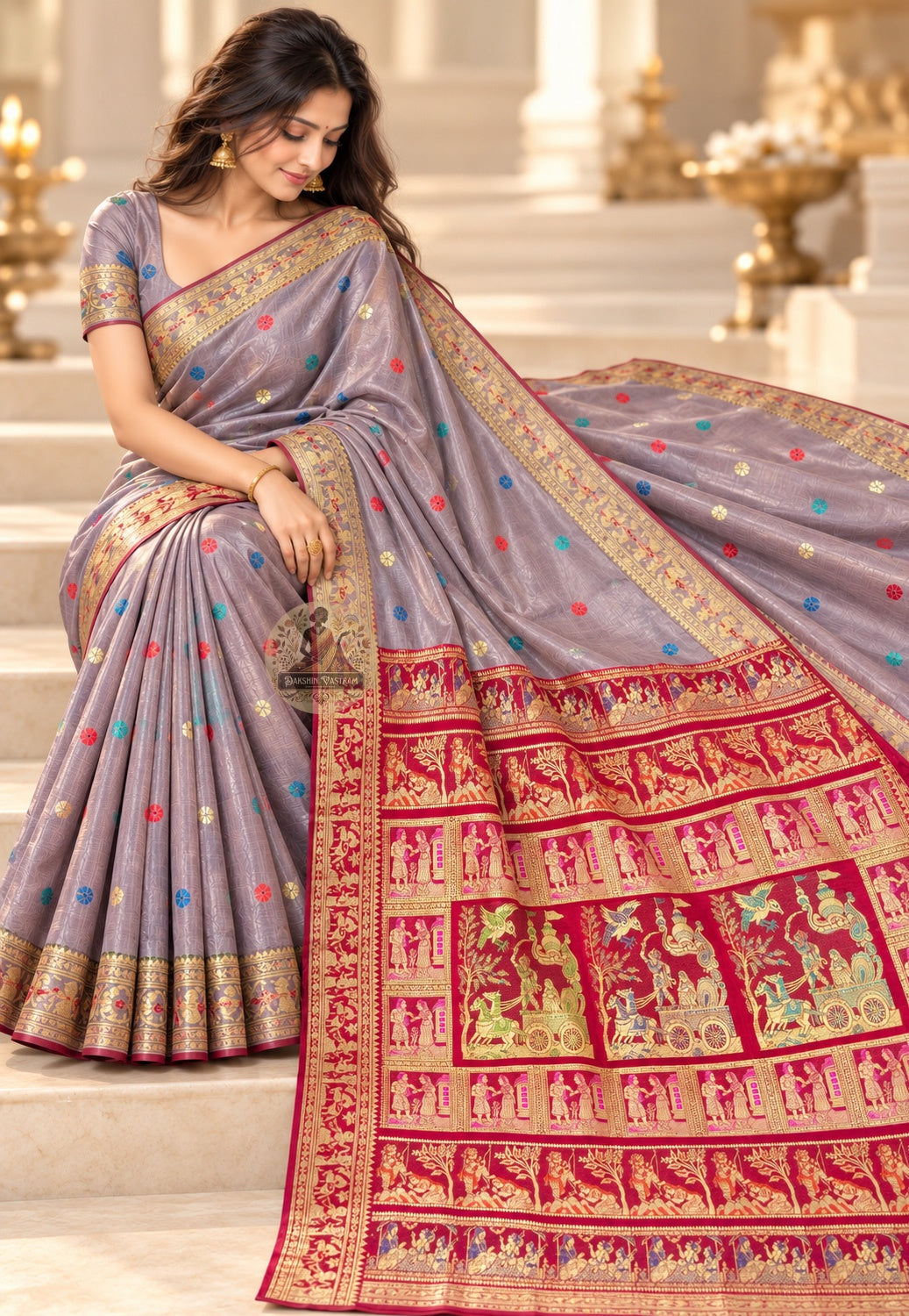 Side view of lavender-grey Baluchari silk saree showing the drape and golden-toned border with red edging