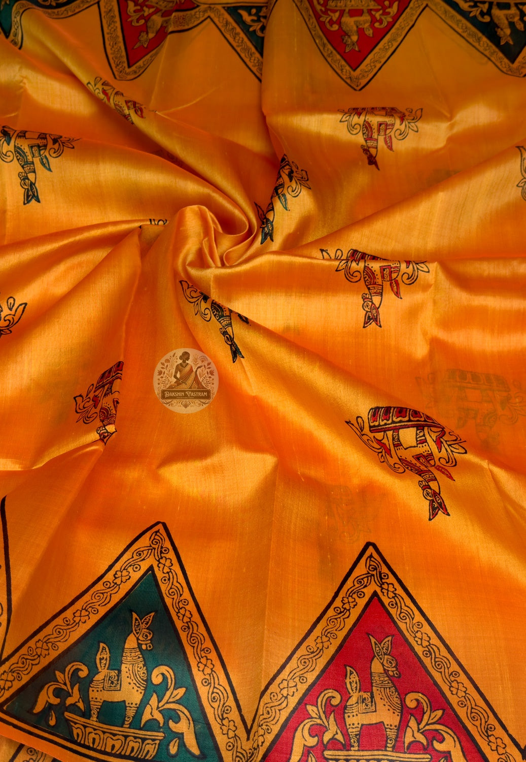 Rear view of Bishnupur Katan Silk Saree displaying pallu with rose medallion buti and ogee arch Bengal weave