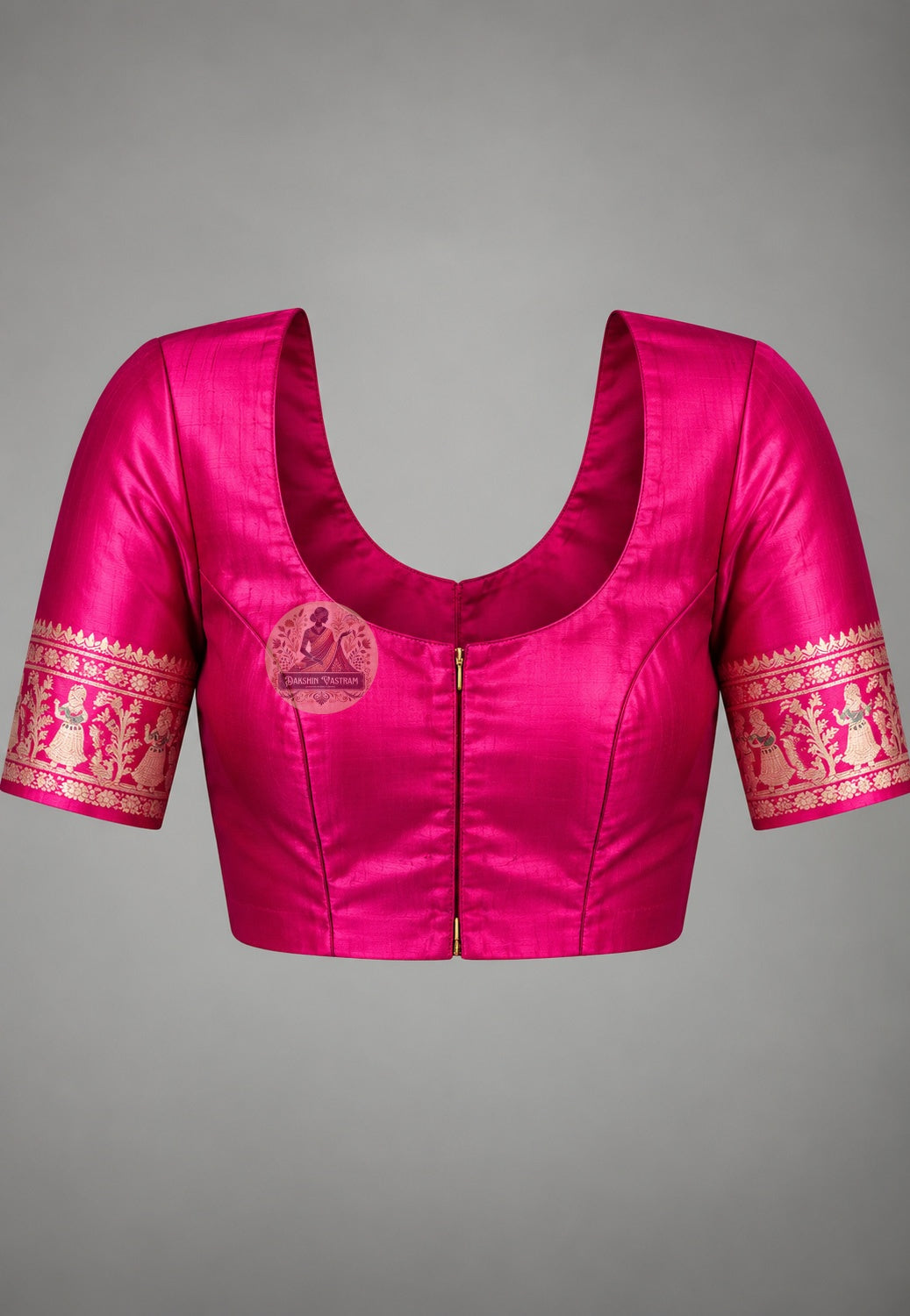 Matching pink blouse piece included with pink Swarnachari pure silk golden zari saree, pre-woven in the same festive pink Swarnachari silk by West Bengal handloom artisan weavers