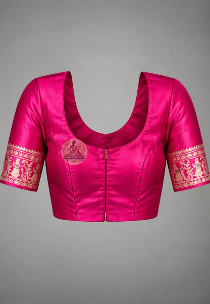 Matching pink blouse piece included with pink Swarnachari pure silk golden zari saree, pre-woven in the same festive pink Swarnachari silk by West Bengal handloom artisan weavers