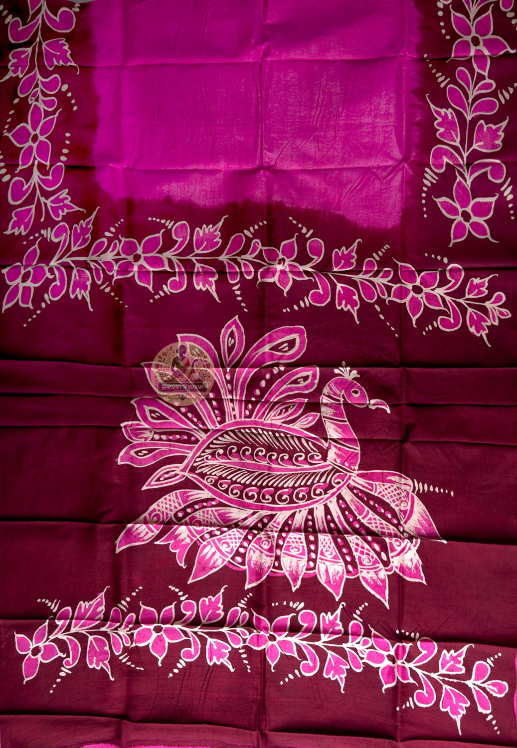 ull flat lay of Bishnupur Katan silk saree with handwoven border and pallu, heirloom Bengal handloom, six yards