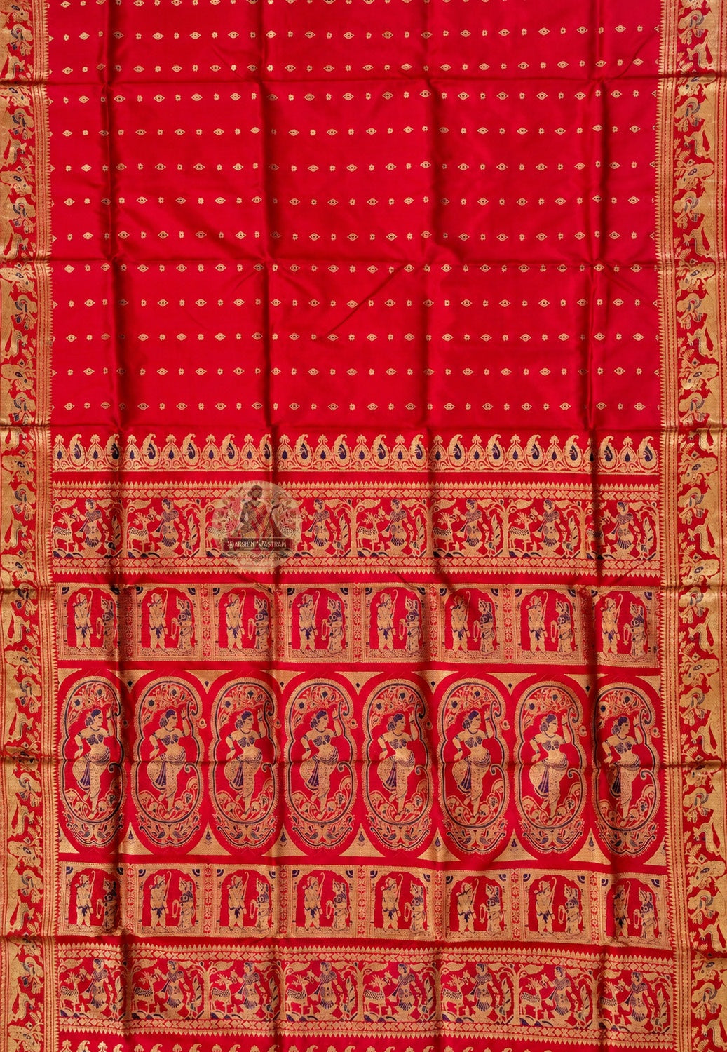 Close-up of Swarnachari silk saree weave showing individually woven golden zari mythology figures Malla court motifs and Bishnupur terracotta temple patterns on pure silk ground