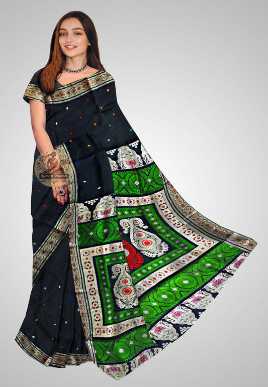 Saree Front Side: Handloom Baluchari Pure Silk Saree front view with intricate patterns and glossy finish.