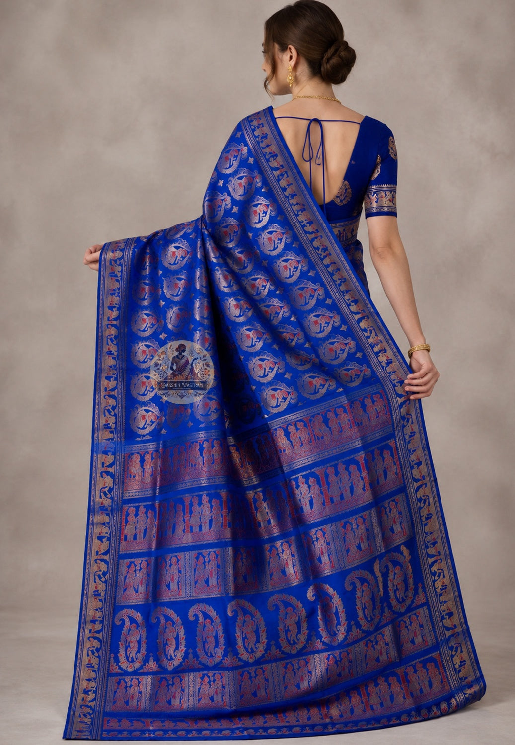 Side view of Swarnachari Pure Katan Silk Saree showing Mahalaya morning drape and golden zari conch dhaak drum handloom border Bishnupur