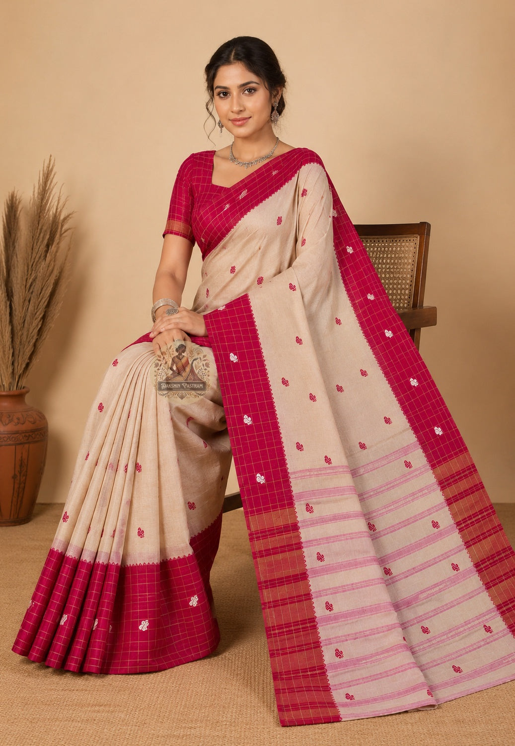 Side view of handwoven Bengali cotton saree showing pallu fall and woven border detail