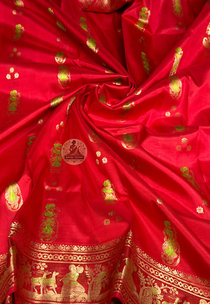Rear view of Swarnachari silk saree displaying golden zari pallu with hand-woven recovered Bengal temple sculpture and Ramayana continuation compositions