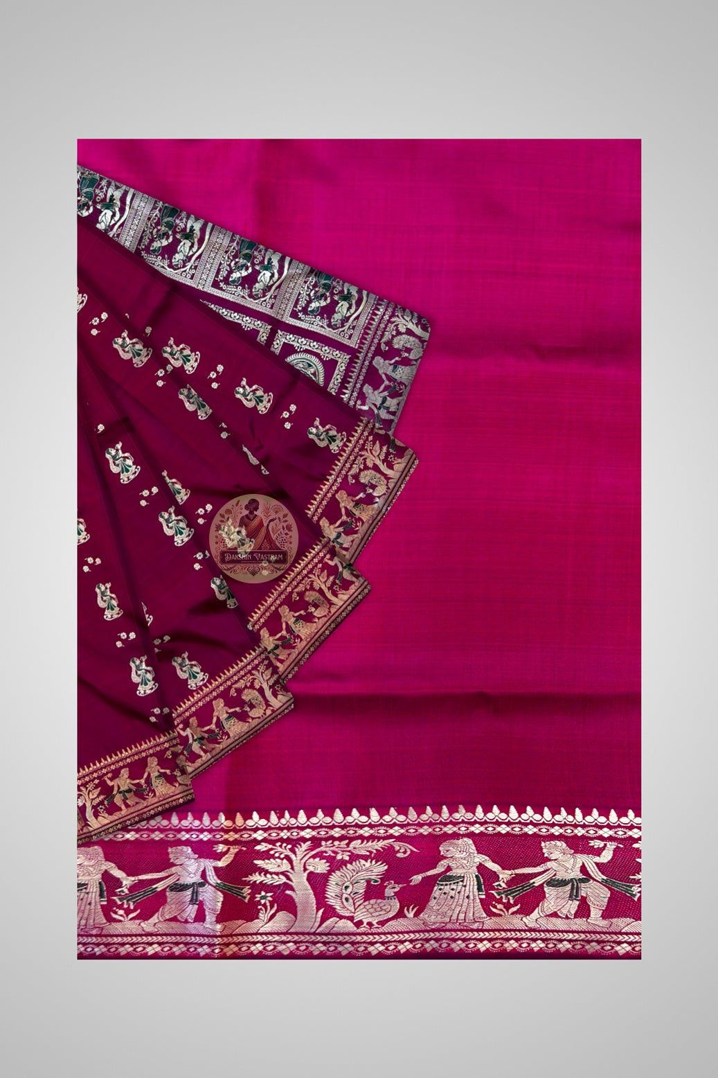Dakshin Vastram pure silk Baluchari saree full drape front view