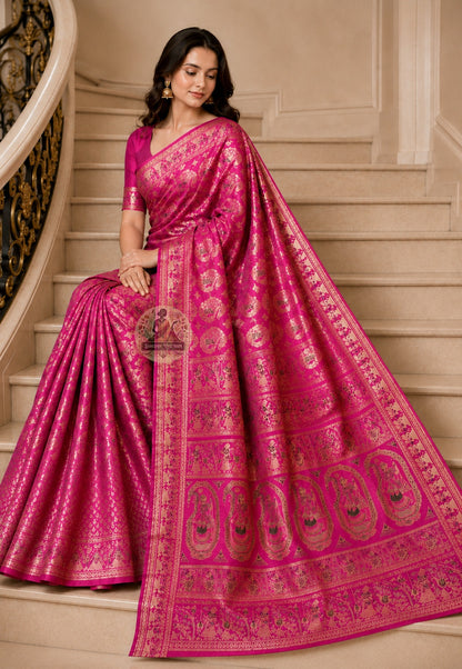 Front view of Swarnachari Silk Saree with pure golden zari Ganesha with modak and trellis vine border Bishnupur West Bengal
