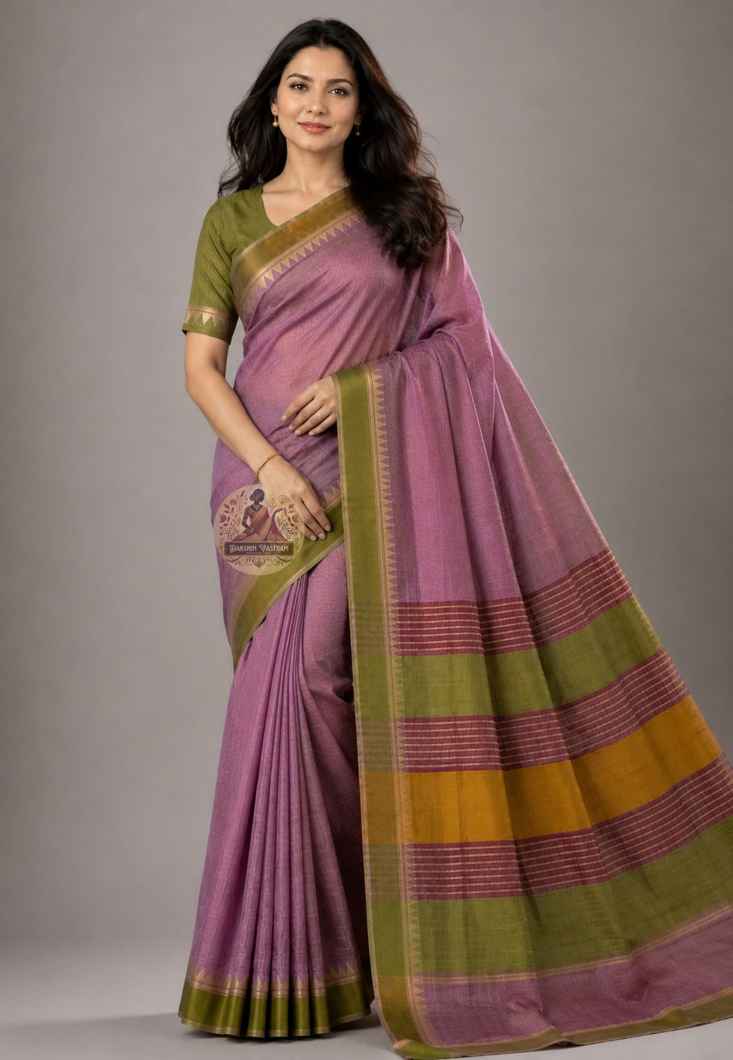 Front view of Bishnupur Katan Silk Saree with handwoven wave crest and hibiscus buti motifs, West Bengal