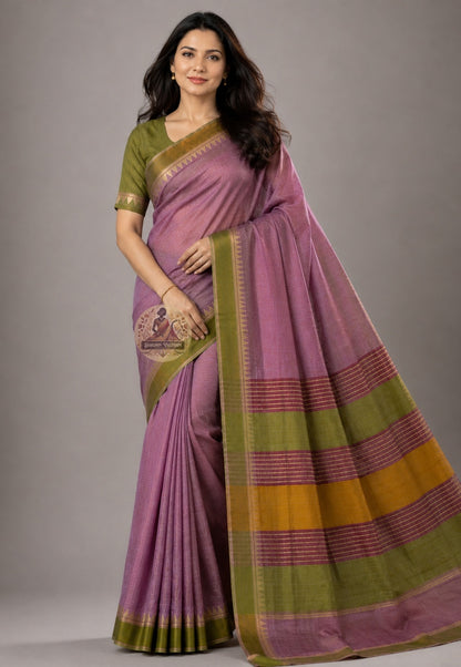 Front view of Bishnupur Katan Silk Saree with handwoven wave crest and hibiscus buti motifs, West Bengal