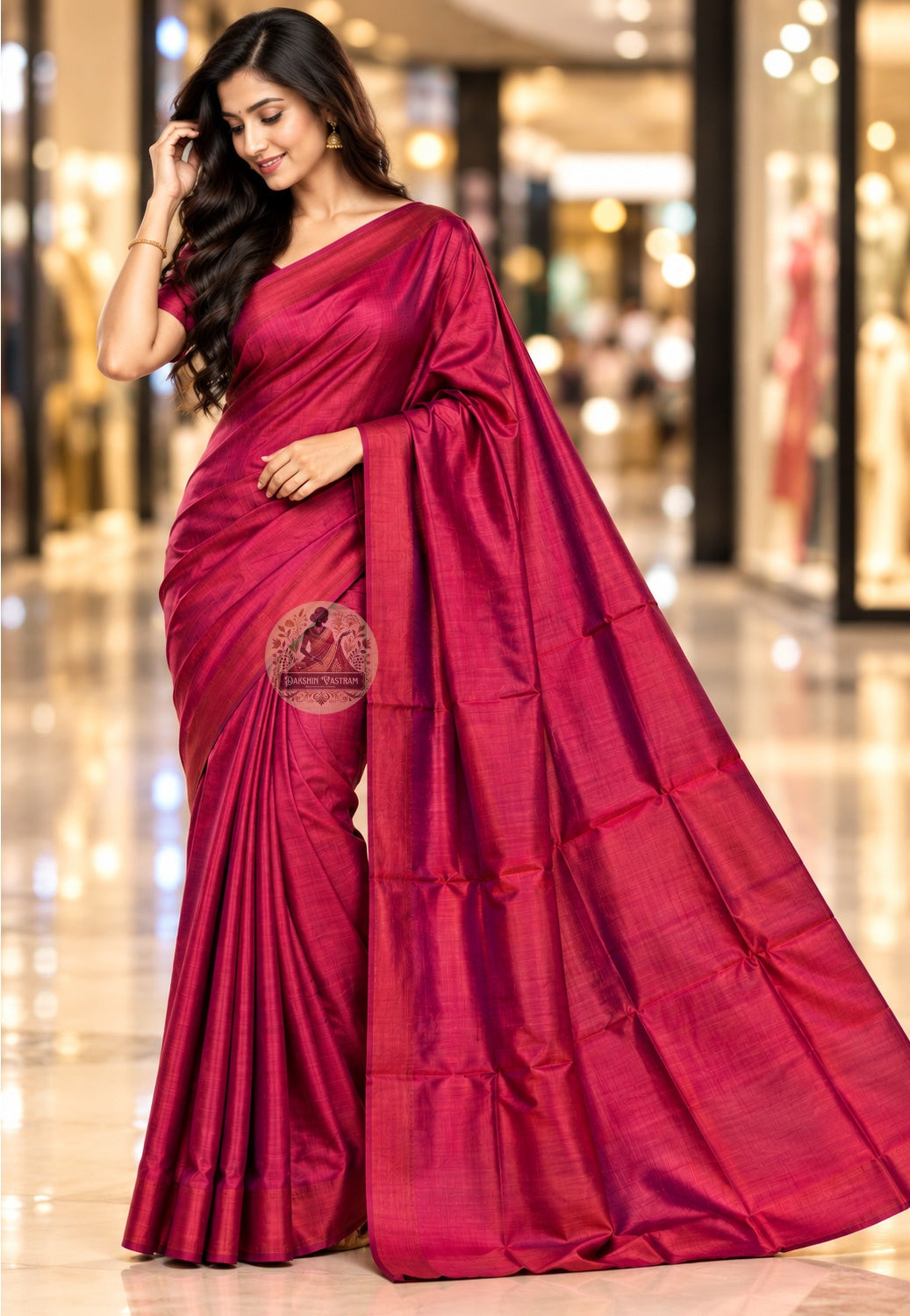 Front view of deep pink Bishnupur handloom silk saree with a plain body and lustrous folds