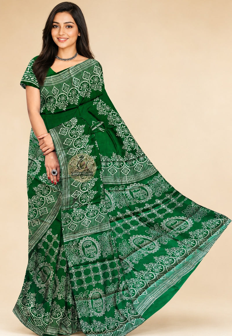 Bishnupur Silk Block Print Saree front view – handcrafted Bengal silk saree for Diwali in Seattle and Navratri in Los Angeles | Dakshin Vastram