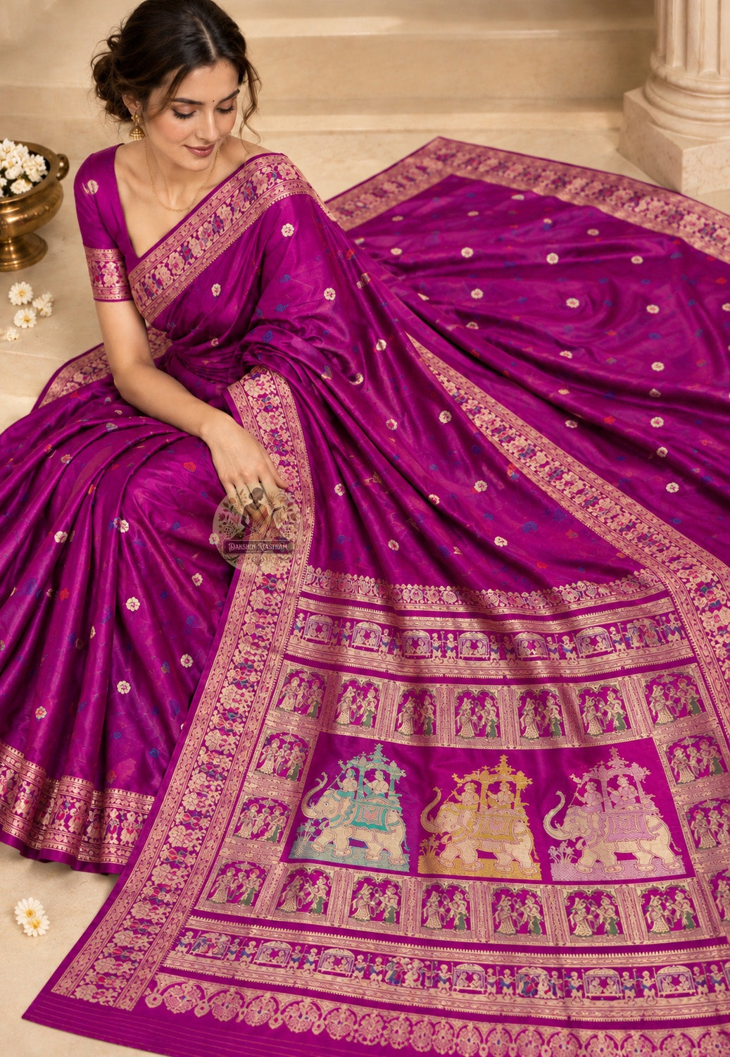 Rear view of magenta Swarnachari silk saree with the decorative pallu draped over the shoulder