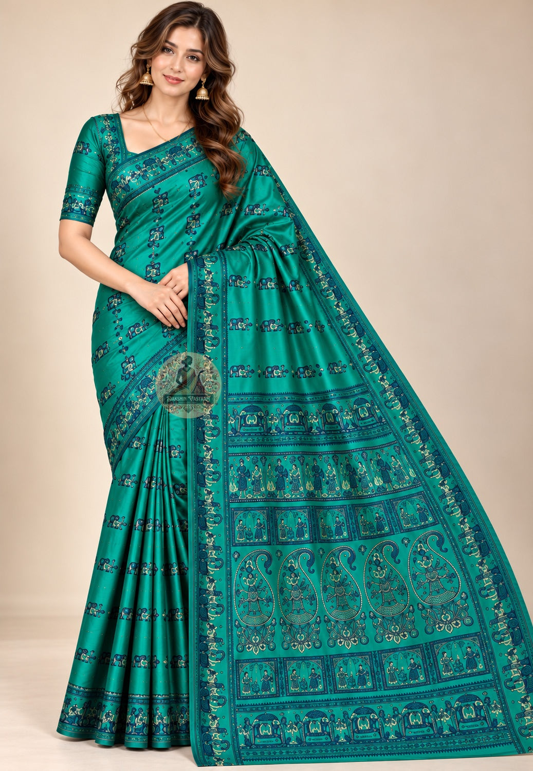 Side view of green Baluchari silk saree showing the drape and contrasting border