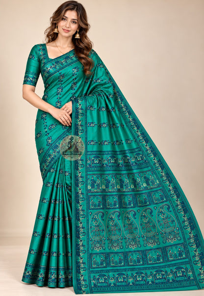 Side view of green Baluchari silk saree showing the drape and contrasting border