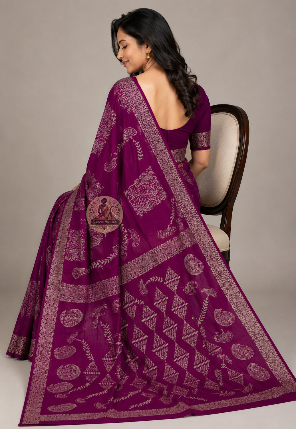 Rear view of Bishnupur Silk Saree by master artisans, displaying the ornate hand-woven pallu with terracotta temple motifs and Bengal folk-inspired patterns in pure Katan silk