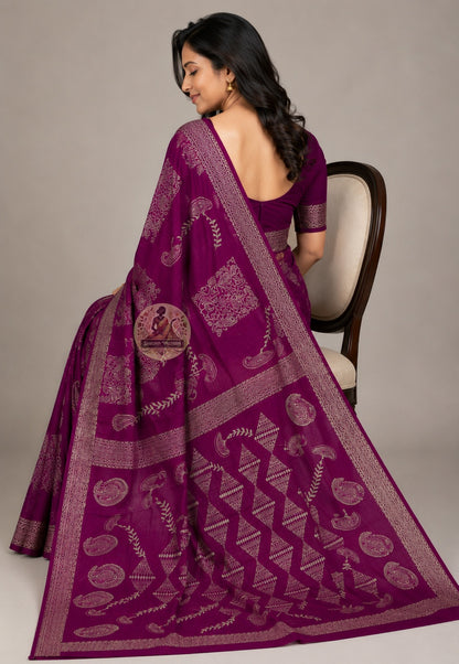 Rear view of Bishnupur Silk Saree by master artisans, displaying the ornate hand-woven pallu with terracotta temple motifs and Bengal folk-inspired patterns in pure Katan silk