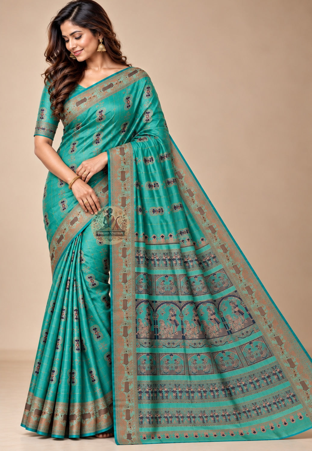 Front view of green Swarnachari silk saree with repeating motifs and contrasting borders